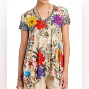 Johnny Was Cream and Red Floral Short Sleeve Blouse
